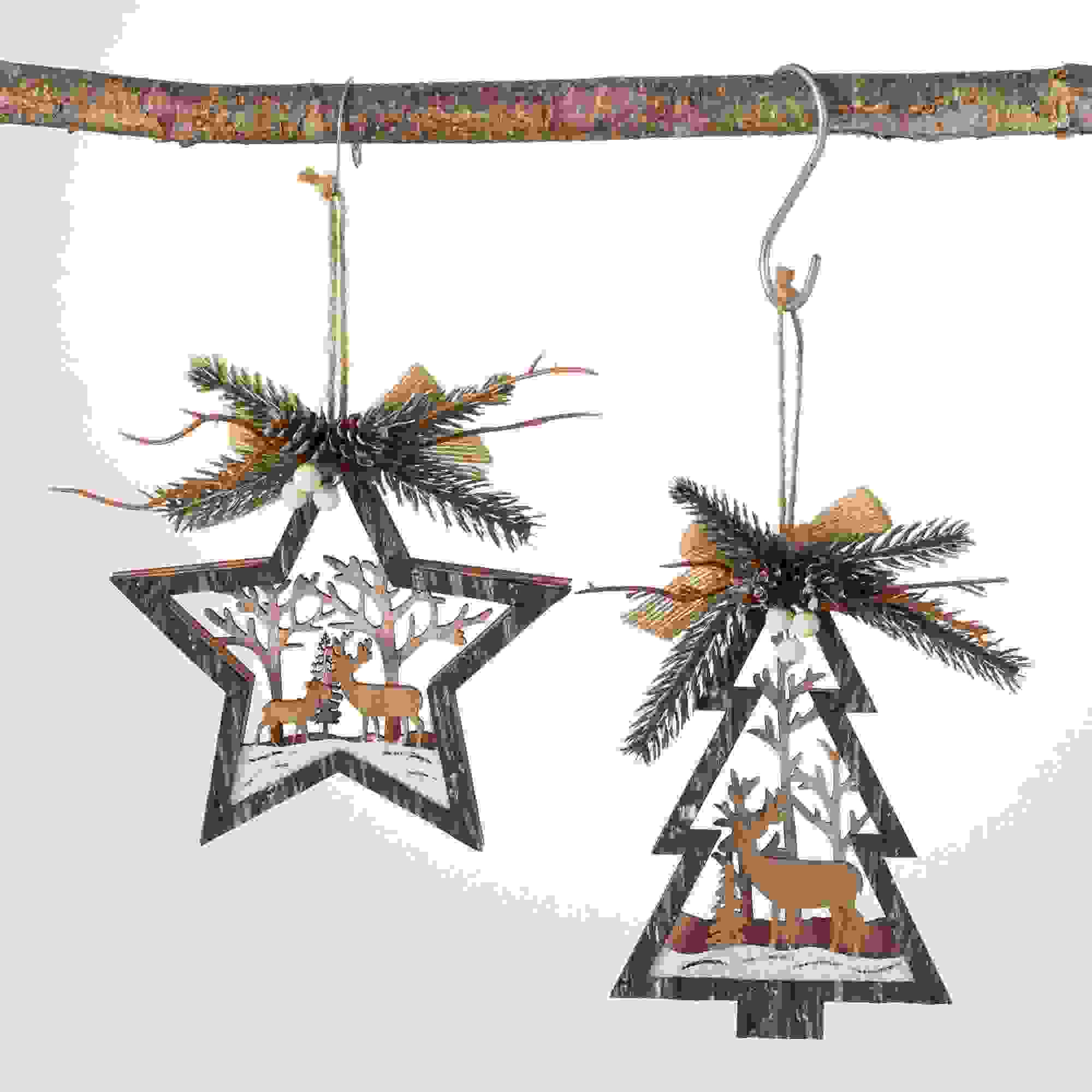 WOOD STAR AND TREE ORNAMENTS