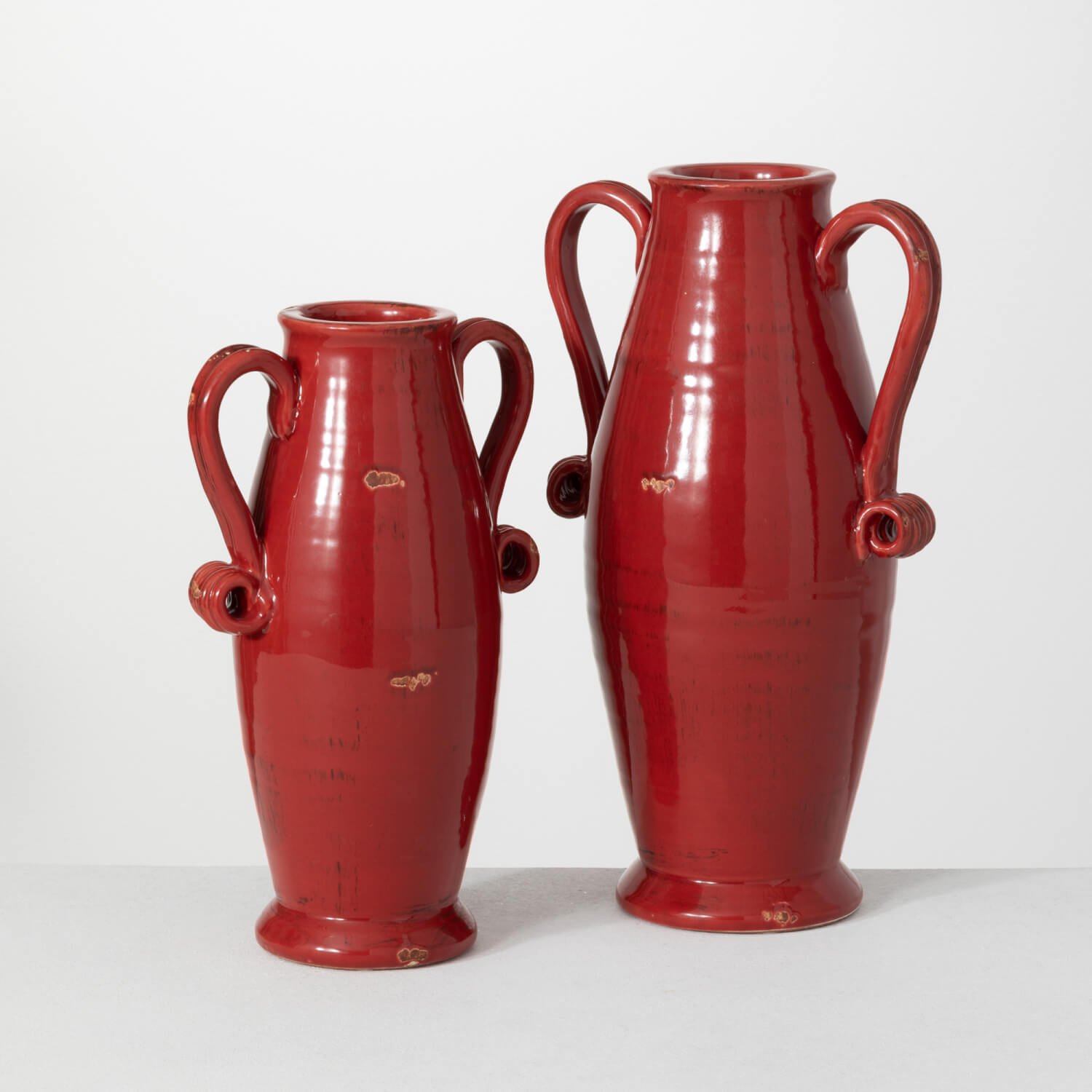 RED GLAZED HANDLED URN SET 2