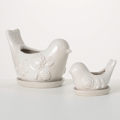 RAISED FLORAL BIRD PLANTER SET