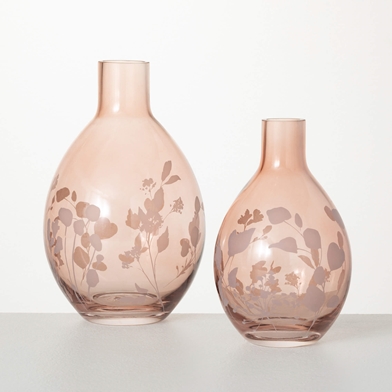 ETCHED PINK GLASS VASE SET 2