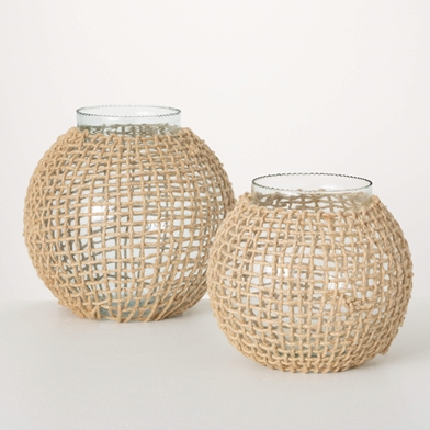 WOVEN RATTAN GLASS SPHERE SET