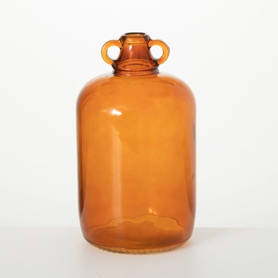 HANDLED AMBER GLASS JUG VASE