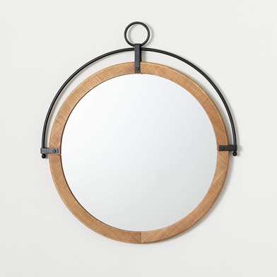 WOOD & BLACK METAL WALL MIRROR