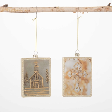 GLASS CHURCH & CROSS ORNAMENTS