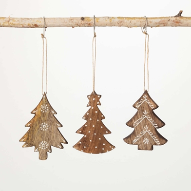 WOOD PINE TREE ORNAMENT SET 3