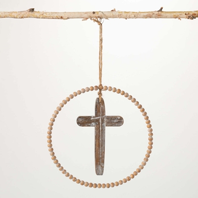 WOOD BEADS & CROSS ORNAMENT