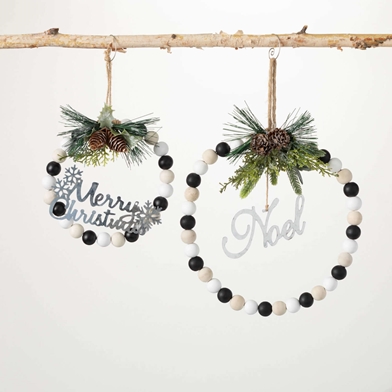 WOOD BEAD WREATH ORNAMENT SET