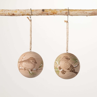 WOOD SPHERE BIRD ORNAMENT SET