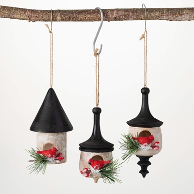 FROSTED BIRDHOUSE ORNAMENT SET