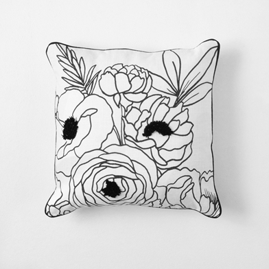 B&W LG FLORAL LINE ART PILLOW