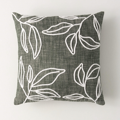 GREEN EMBROIDERED LEAF PILLOW