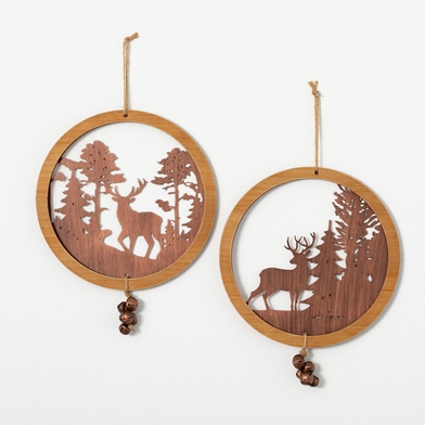 ROUND WOOD DEER WALL DECOR SET