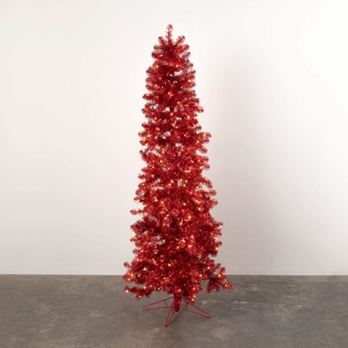 RED ILLUMINATED 7' TINSEL TREE