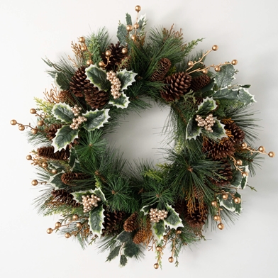 GOLD HOLLY AND PINE WREATH